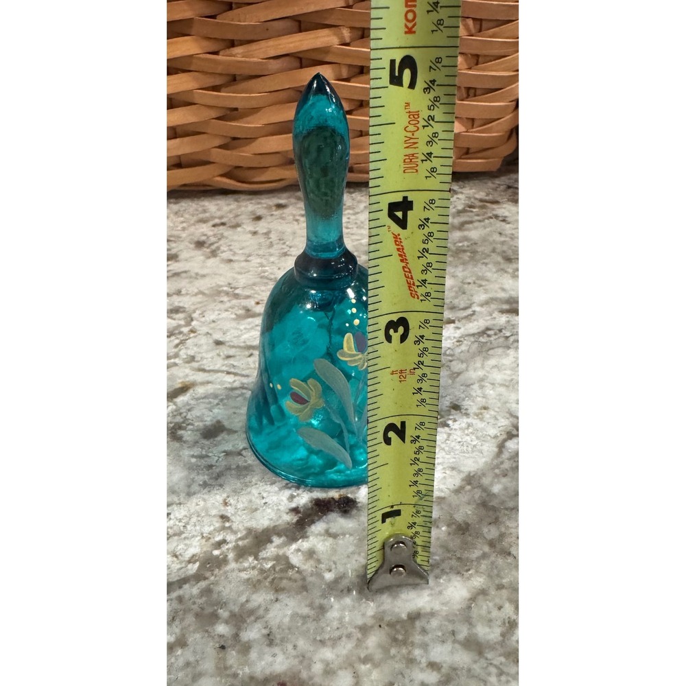 Vintage Fenton Teal Blue Glass Bell Hand Painted Floral Diamond Optic Signed - Picture 9 of 10
